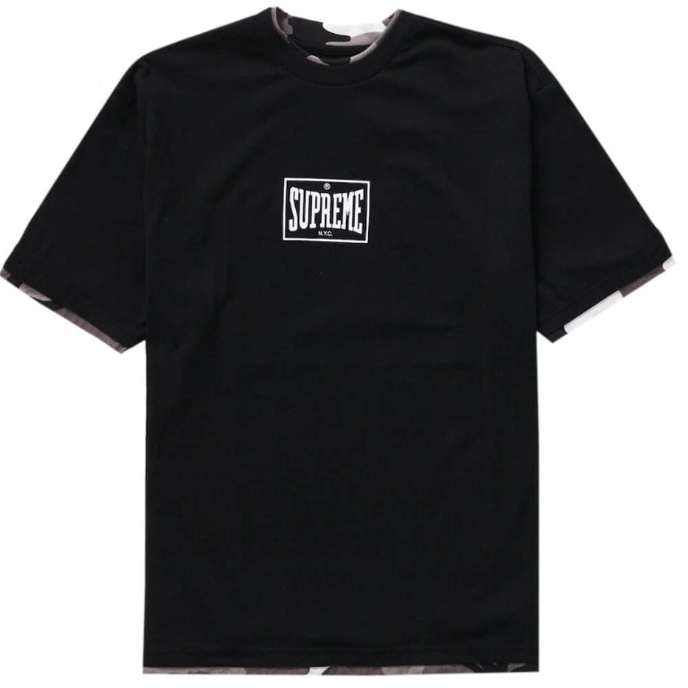 SUPREME LAYERED TEE - BLACK & CAMOUFLAGE - SIZE SMALL -  SS22KN24 + STICKER